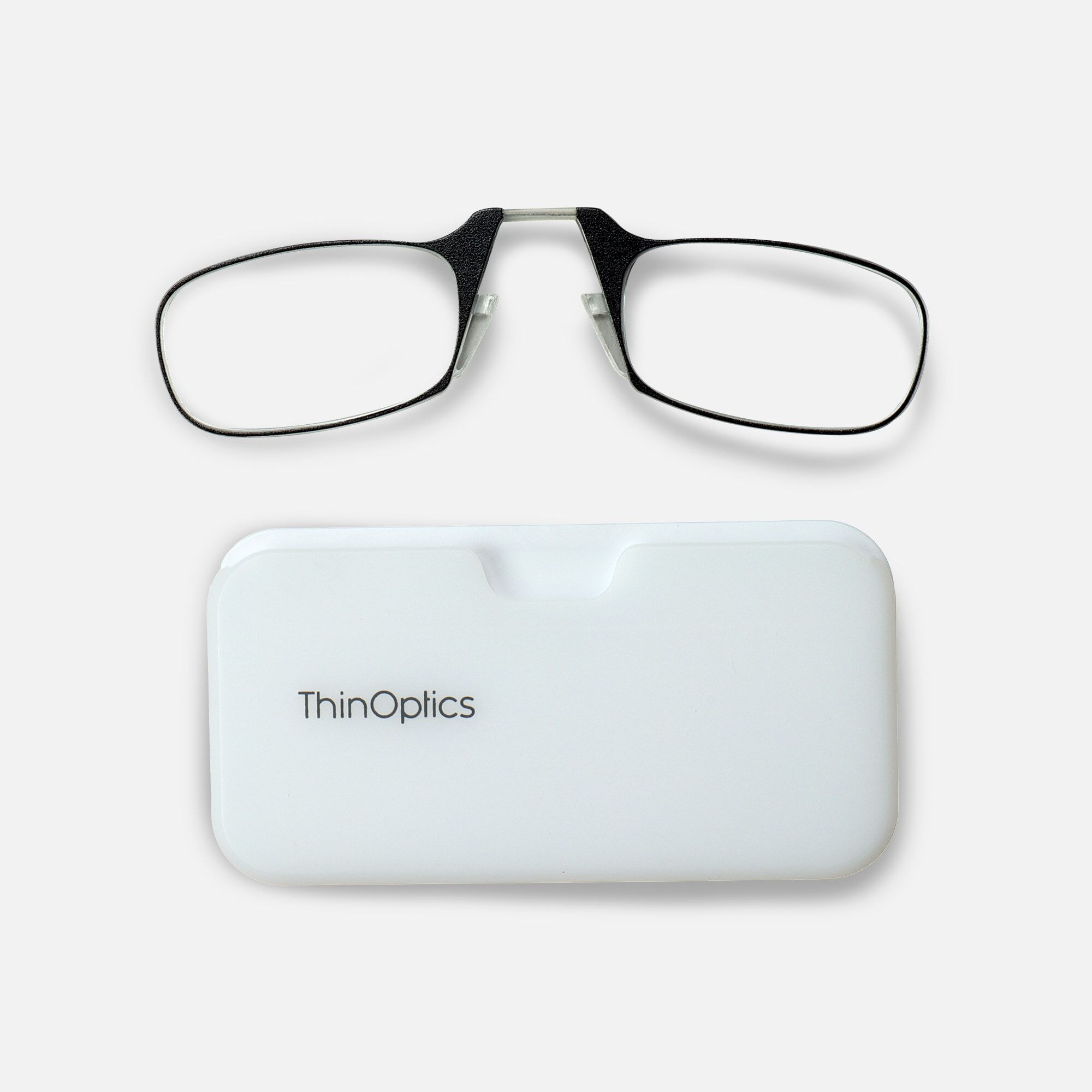 ThinOPTICS Reading Glasses on your Phone, Black Glasses, White Universal Pod Case, +2.00