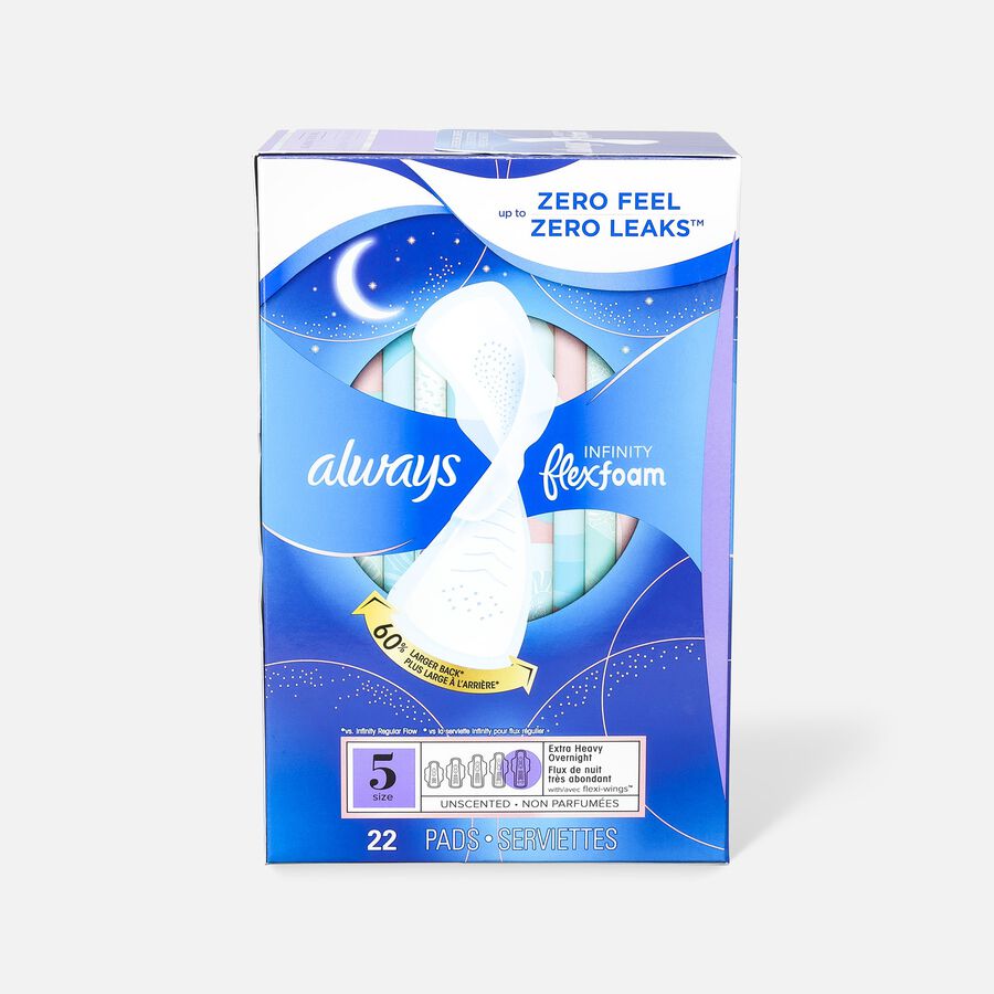 Always Infinity FlexFoam Pads for Women Size 5 Extra Heavy Overnight Absorbency, with Wings Unscented, 22 ct., , large image number 0