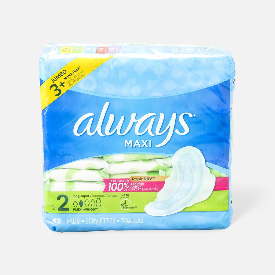 Always Maxi Pads Size 2 Long Super Absorbency Unscented with Wings, 42 ct., , large image number 0