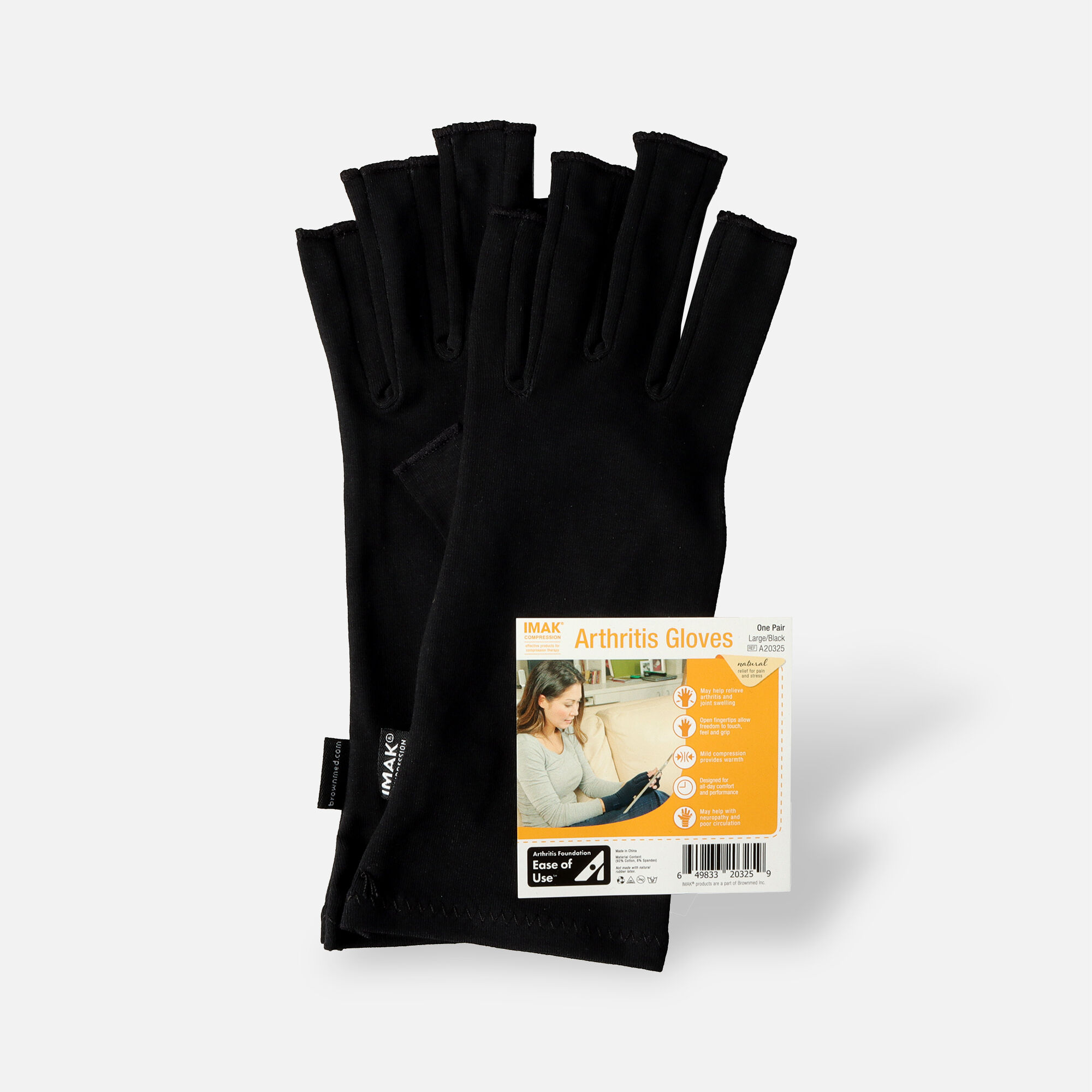 IMAK Compression Arthritis Gloves, Black, Large, Black, large