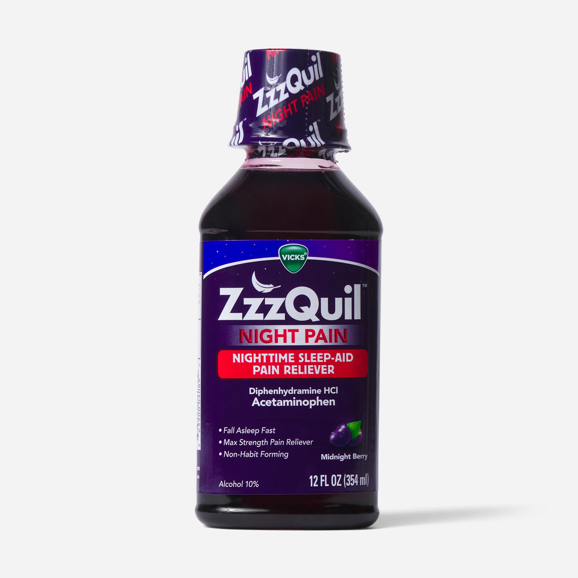 Vicks ZzzQuil Night Pain & Sleep Aid, Midnight Berry, 12 fl oz.