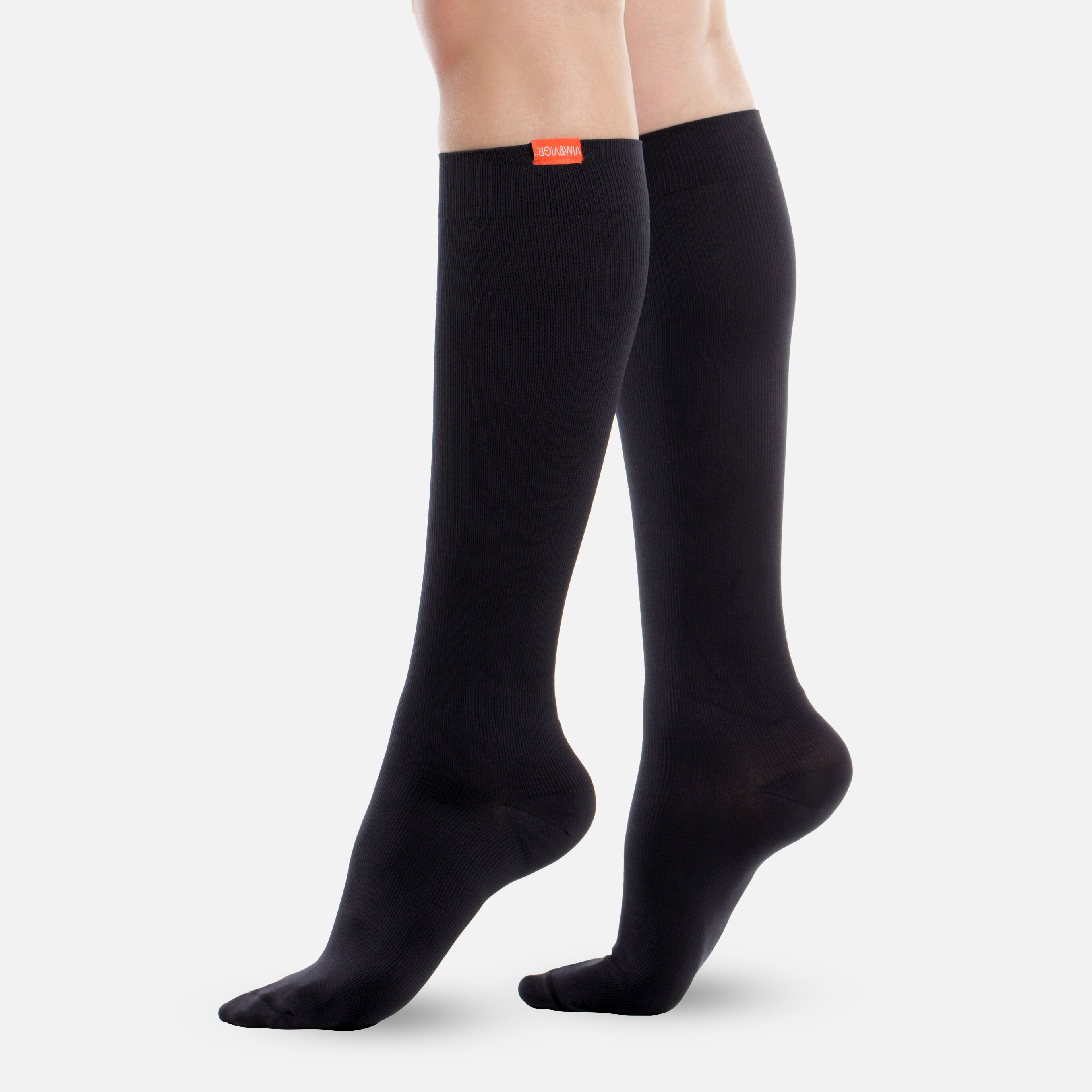 VIM & VIGR Moisture-Wick Nylon Compression Socks, Solid Black, Wide Calf S/M, 30-40 mmHg