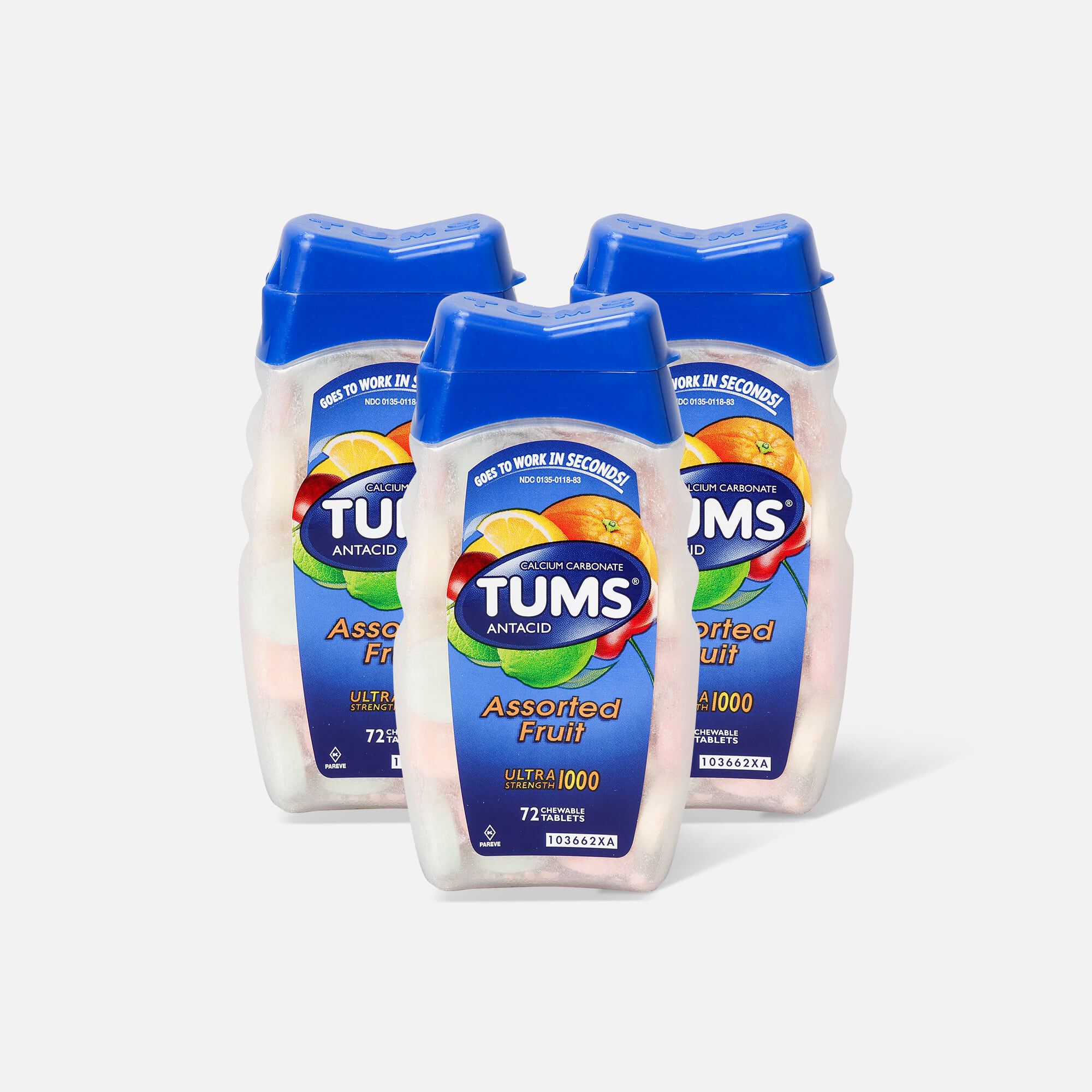 TUMS Ultra Strength Assorted Fruit Antacid Chewable Tablets for Heartburn Relief, 72 ct. (3-Pack)