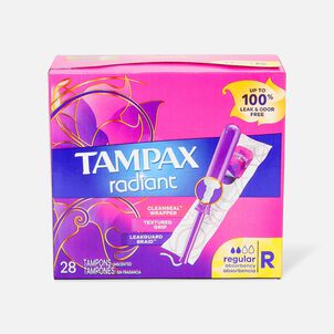 Tampax Radiant Tampons Regular Absorbency with BPA-Free Plastic Applicator and LeakGuard Braid, Unscented, 28 ct.